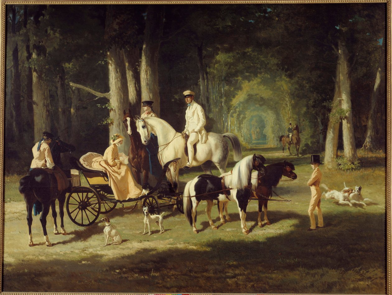 Mr. and Mrs. A. Mosselman and Their Two Daughters Walk Through the Woods on Horseback by Alfred Dedreux