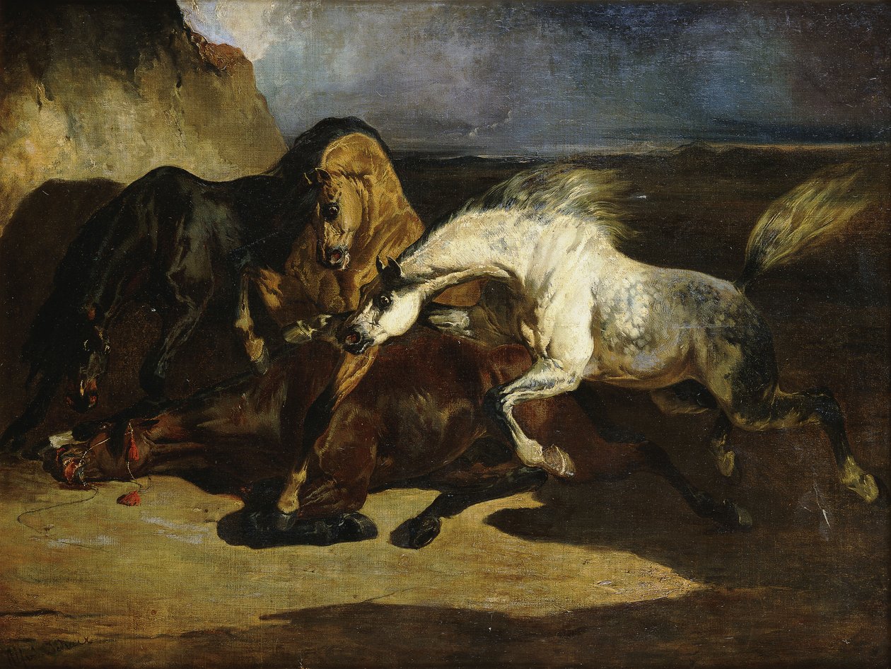 Stallions Fighting in a Stormy Landscape by Alfred Dedreux