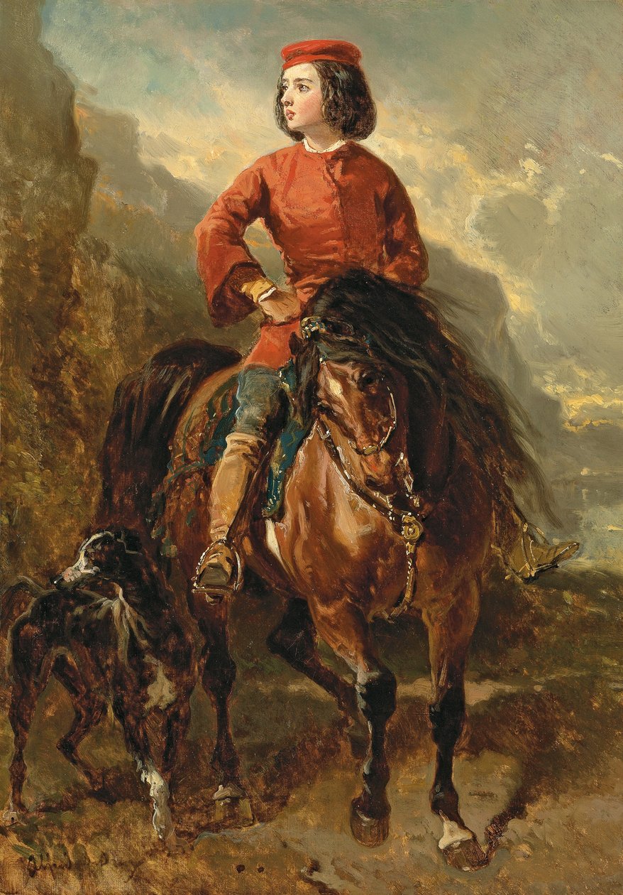Young Rider on a Shetland, with a Greyhound by Alfred Dedreux