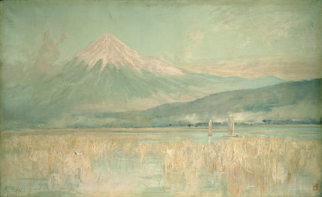 Dawn on the Sacred Mountain, the Fuji Sun Half Hidden in the Clouds by Alfred East