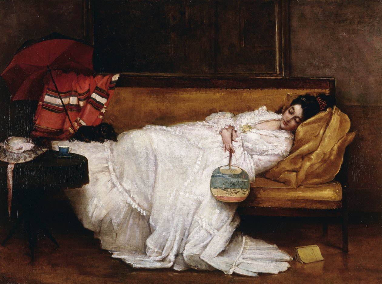 A Girl with a Japanese Fan Asleep on a Sofa by Alfred Emile Stevens