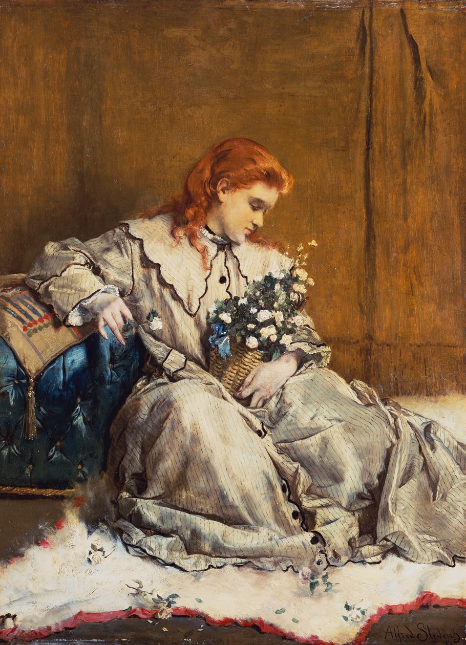 Daydream, Young Red-Headed Girl with Blue Ottoman by Alfred Emile Stevens