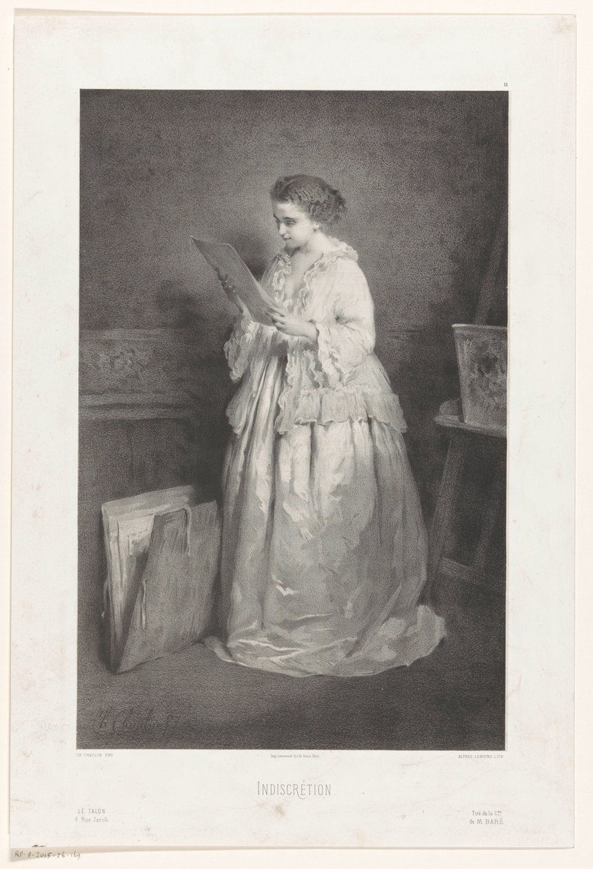 Young Woman Looking at a Print or Drawing (title on object: Indiscretion) by Alfred François Lemoine