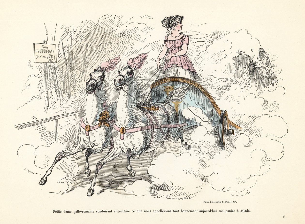 Gallo-Roman woman riding a biga two-horse chariot in the Bois de by Alfred Grevin