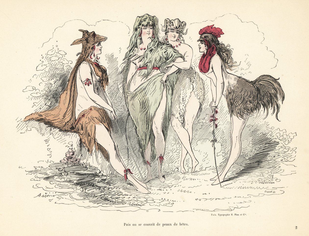 Woman wearing costumes of animal skins, heads and feathers by Alfred Grevin