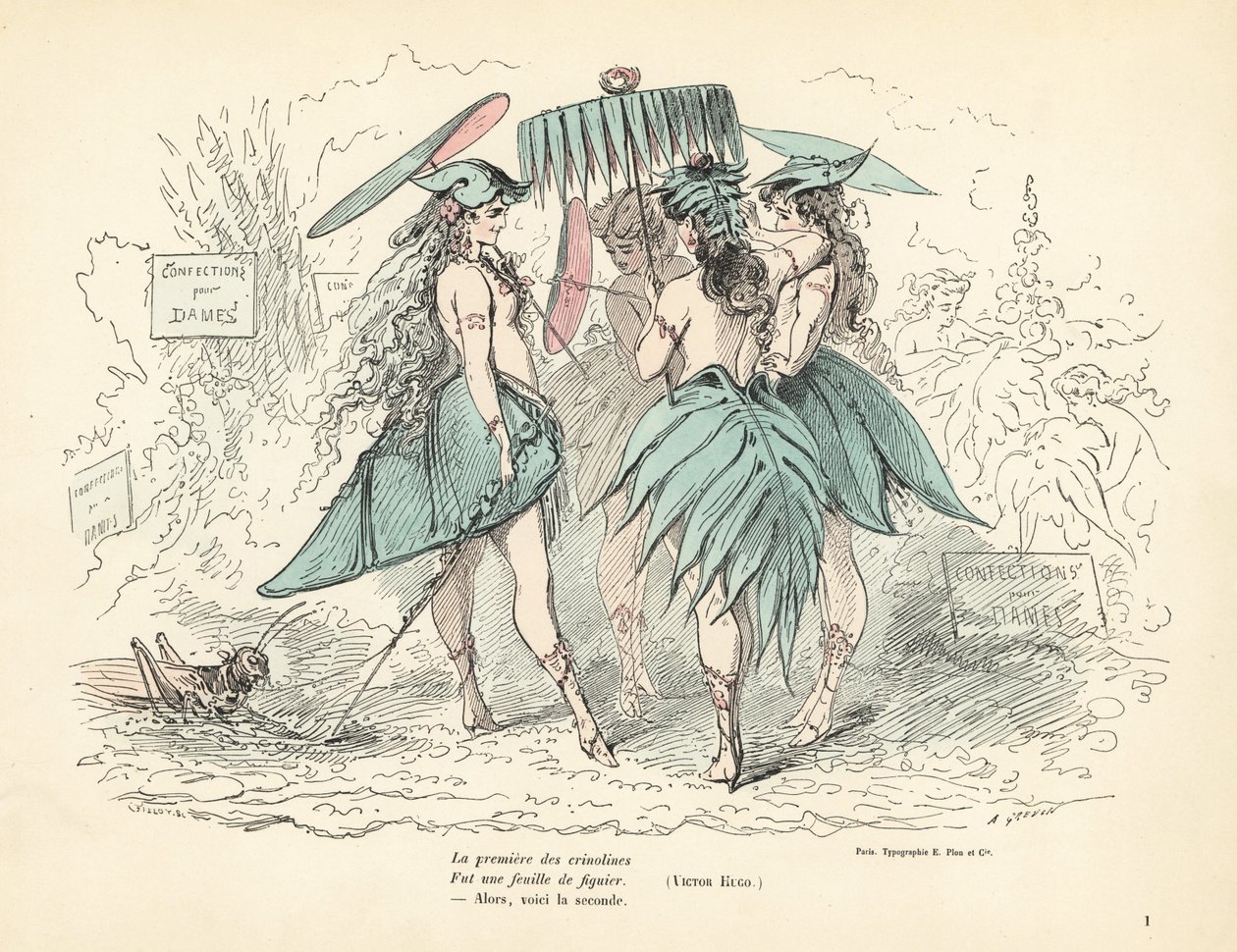 Women Dressed Only in Fig-Leaf Dresses and Hats, Holding Leaf Fans by Alfred Grevin