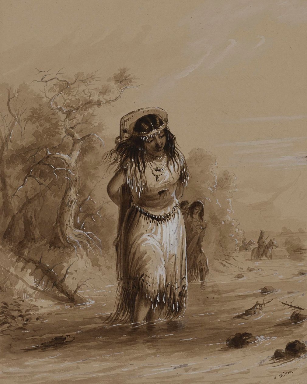 Indian Girl with Papoose Crossing Stream by Alfred Jacob Miller