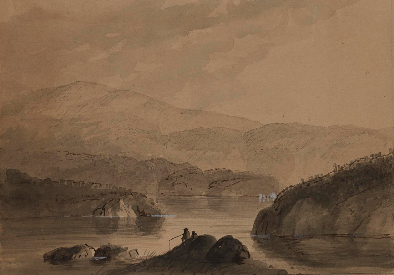View of Men Fishing from a Rock in a Lake by Alfred Jacob Miller