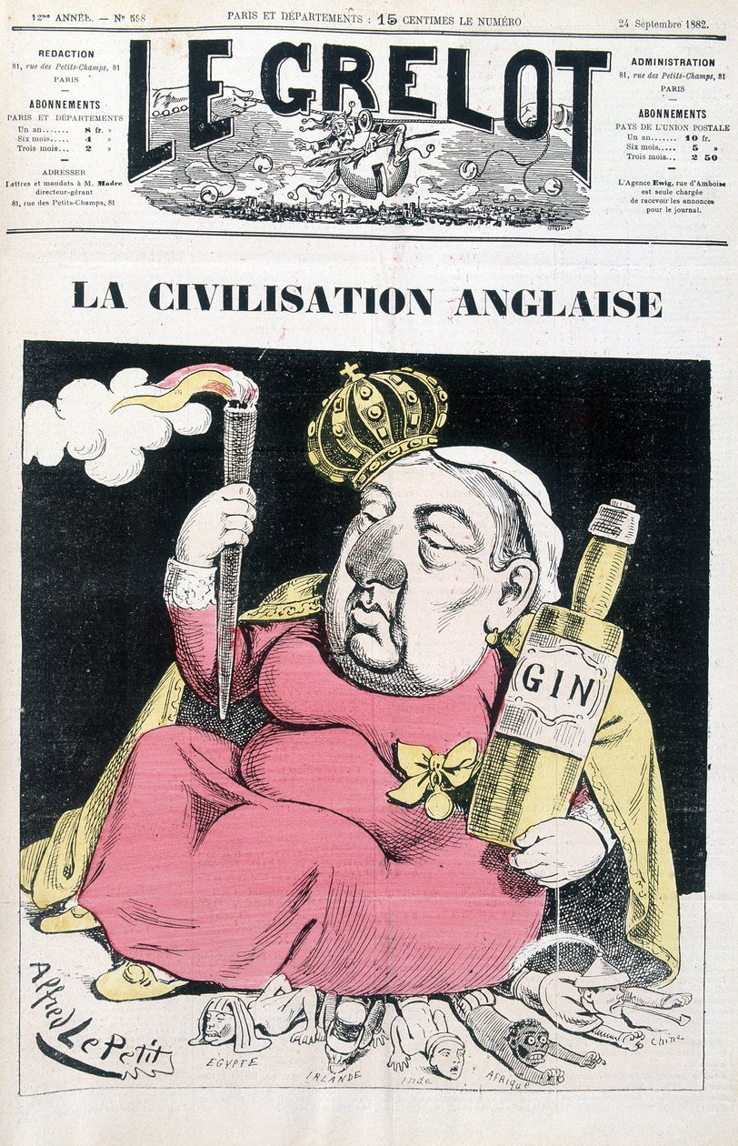 English civilization: Victoria, a bottle of gin in hand, sitting on Egypt, Ireland, India, Africa and China - by Alfred Le Petitty, in 