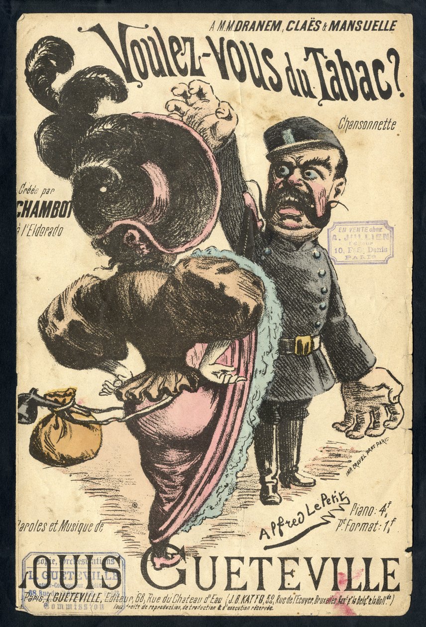 Illustration in Chanson illustree, circa 1900 - Vouvous du tabac. Louis Gueteville - Smoking, Tobacco by Alfred Le Petit