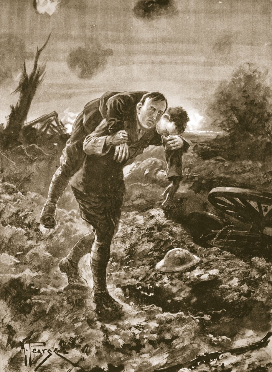 Temporary Lieutenant G. St. G. S. Cather bringing in a wounded man in full view of the enemy and under machine-gun and artillery fire by Alfred Pearse