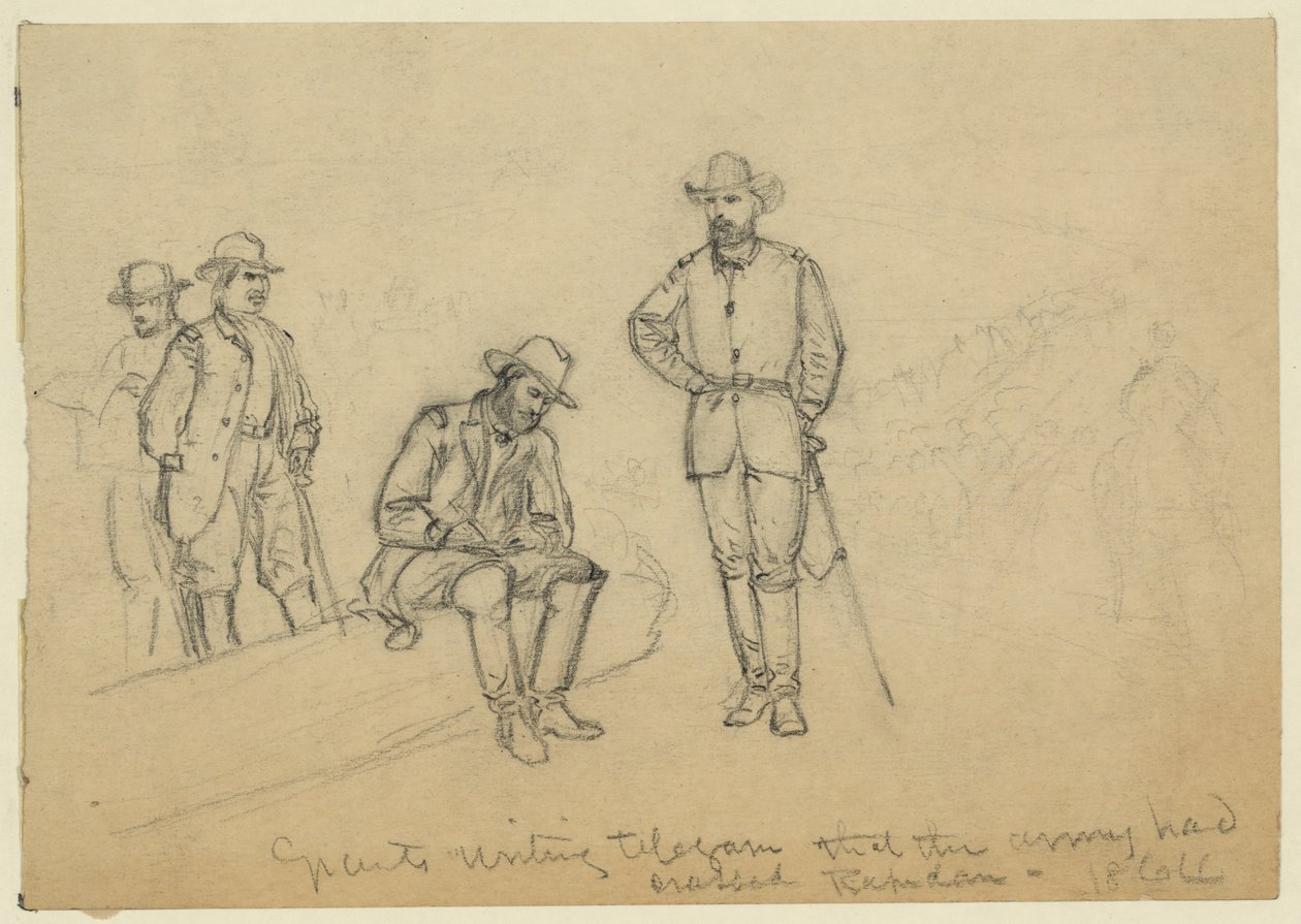 Grant writing telegram that the Army had crossed Rapidan by Alfred Rudolph Waud