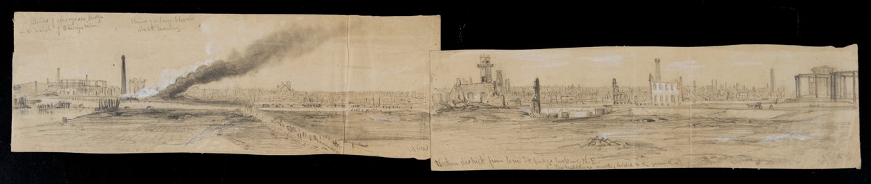 Northern district from the Erie Street Bridge, looking east, during the Chicago Fire of 1871 by Alfred Rudolph Waud