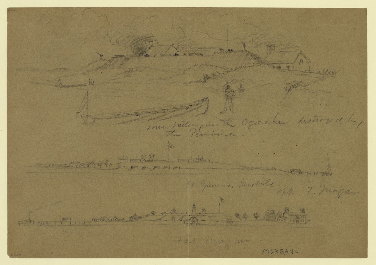 Three scenes of military facilities - lower battery on the Ogeechee destroyed by the Pembina by Alfred Rudolph Waud