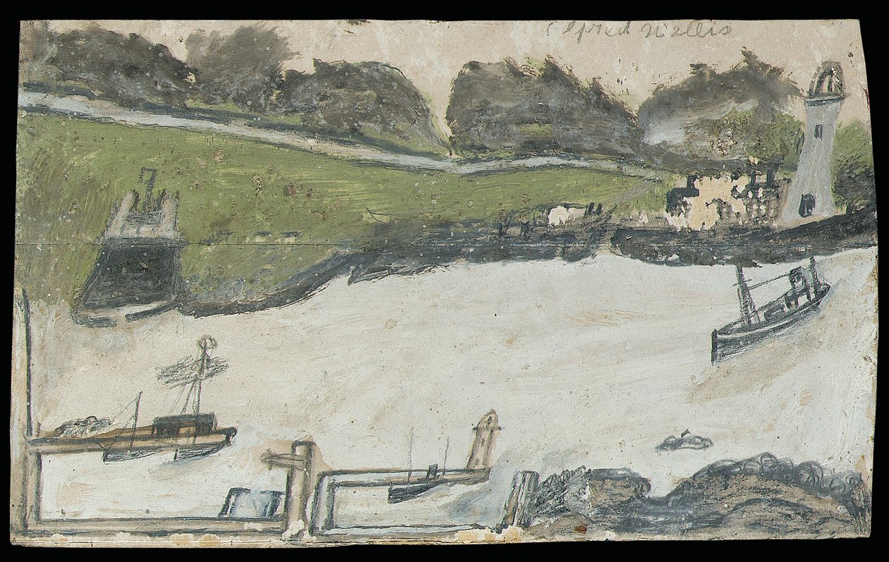 Harbour scene with castle and lighthouse by Alfred Wallis