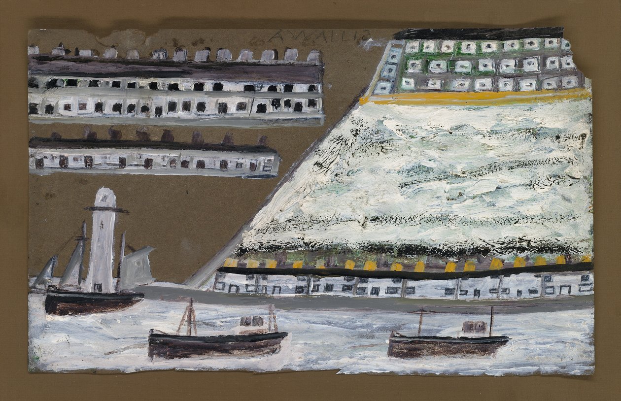 Ships and lighthouse, houses by Alfred Wallis