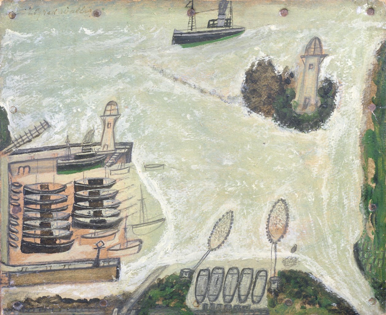 St. Ives Harbour and Godrevy Lighthouse by Alfred Wallis