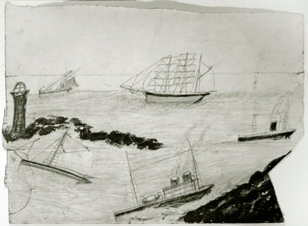 Three sailing ships, two steamships and Godrevy Lighthouse, c.1935-38 by Alfred Wallis