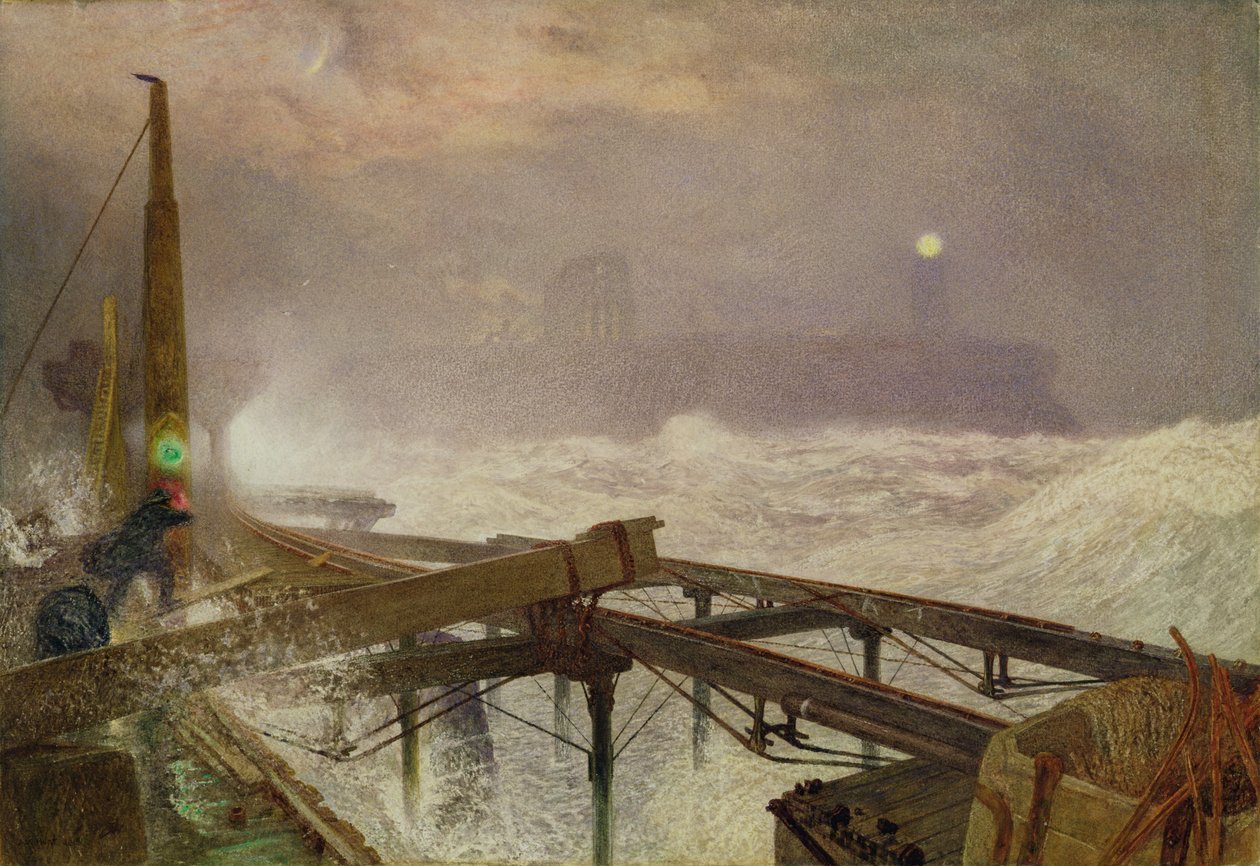 Blue Lights, Teignemouth Pier - Lighting the Lamps at Sunset, 1868 by Alfred William Hunt