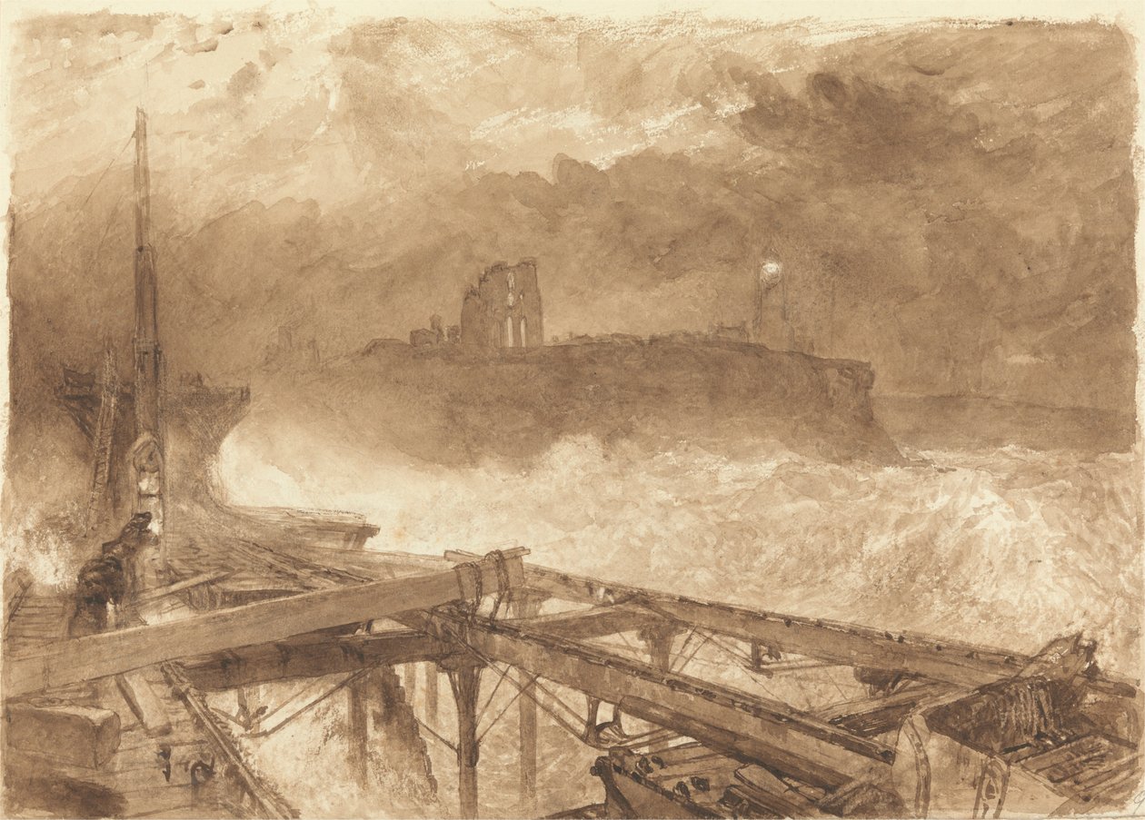 Study for Tynemouth Pier - Lighting the Lamps at Sundown by Alfred William Hunt