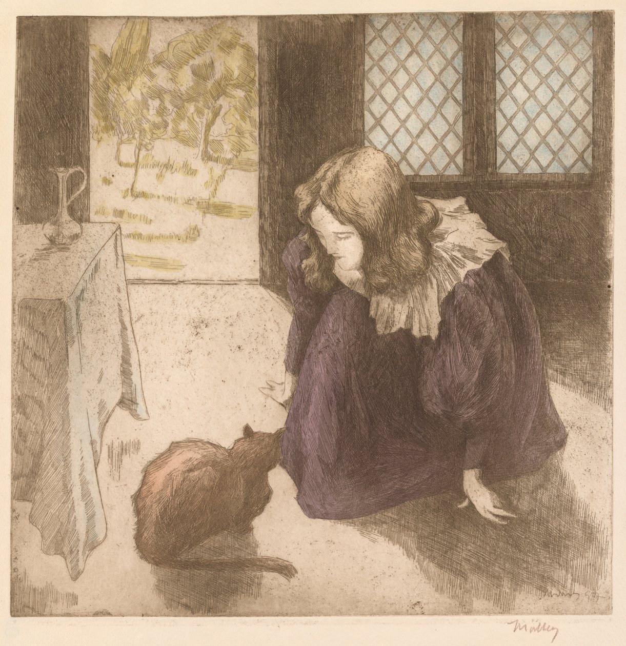 Interior, Little Girl with Cat (La Petite Fille au Chat) by Alfredo Müller