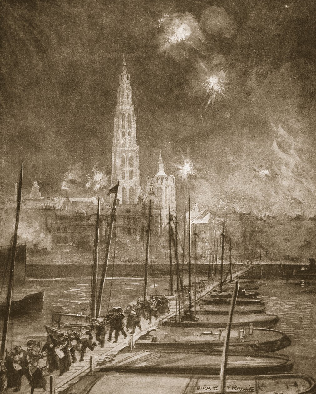 Fugitives from Antwerp crossing the Pontoon Bridge over the Scheldt by Alick P. F. Ritchie
