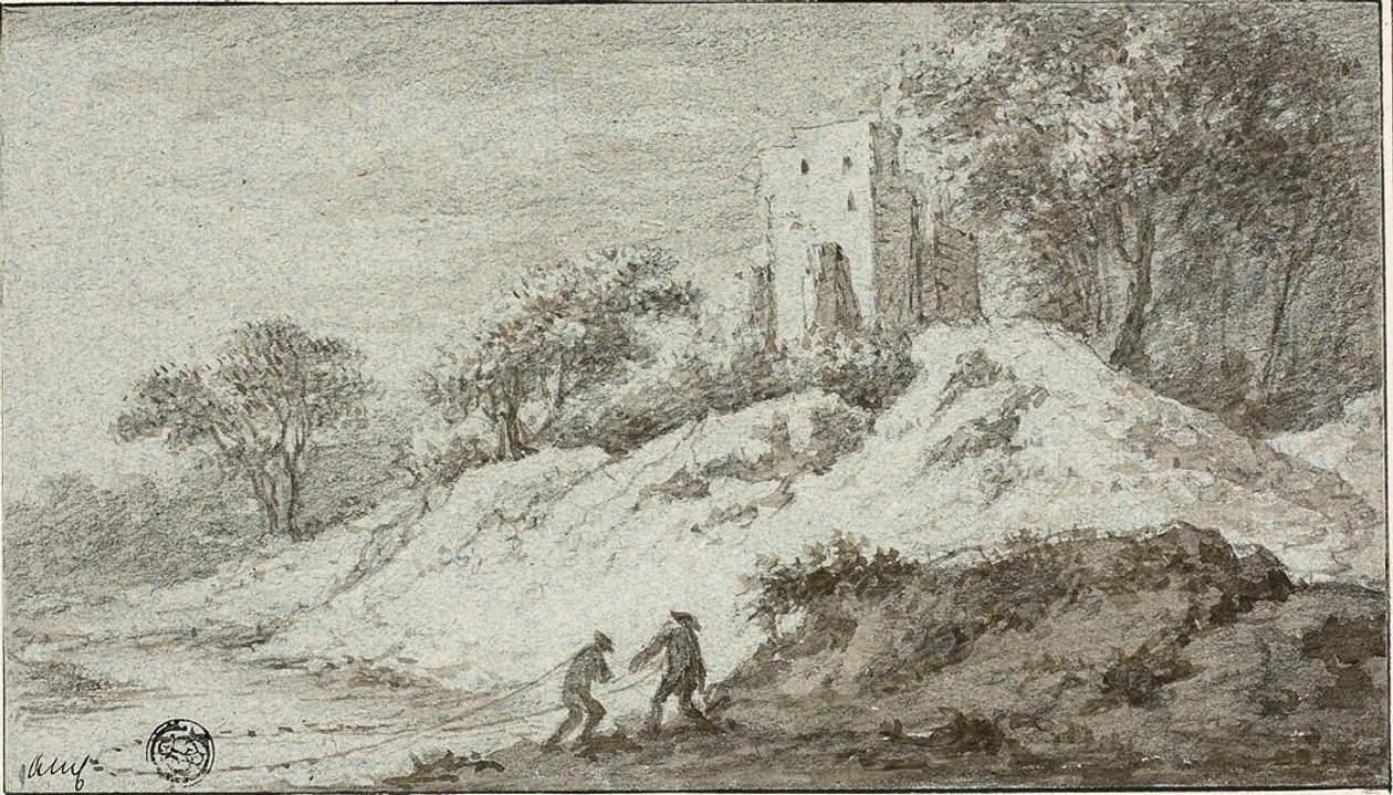 Landscape with Two Figures and Castle on Hill by Allaert van Everdingen