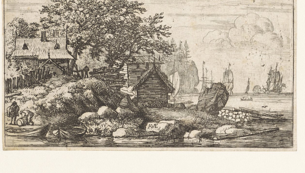 River landscape with two rowing boats, Rocky landscape by the sea by Allaert van Everdingen