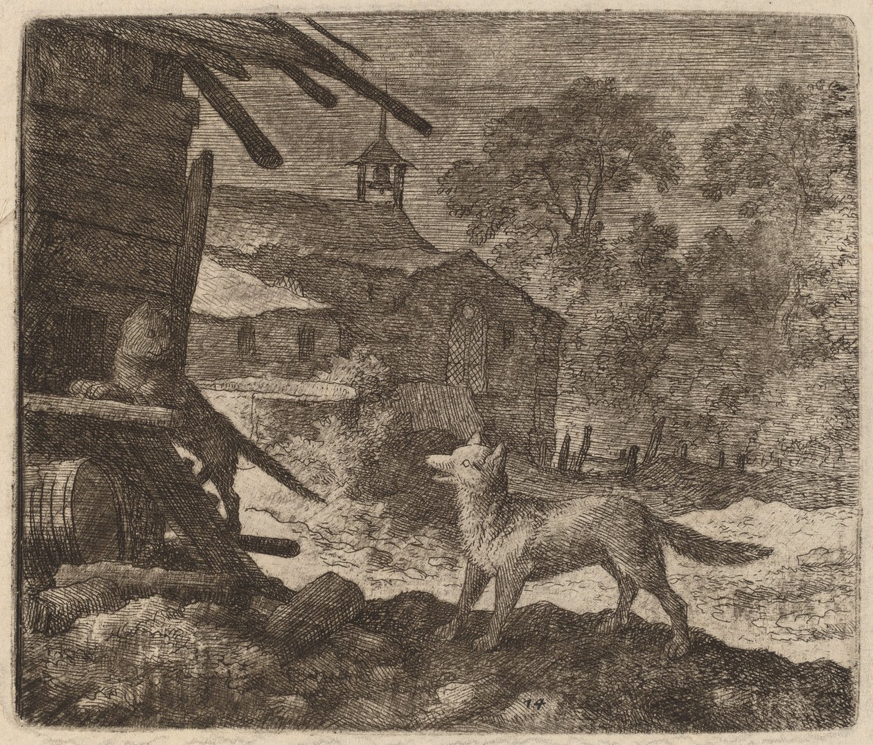 The Cat Enters the Barn as Reynard Looks On by Allart van Everdingen