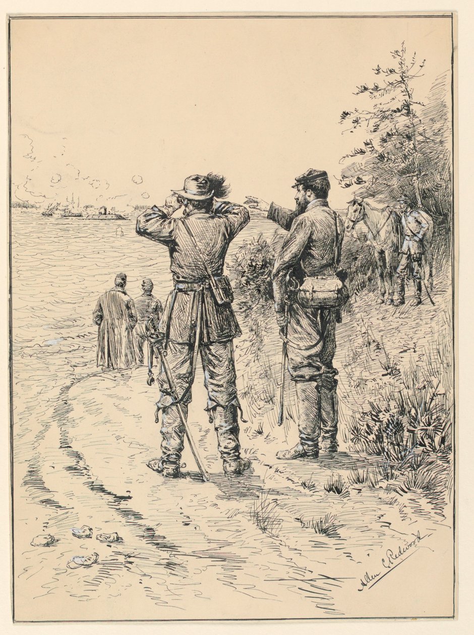 Officers and General Watching a Naval Battle (Battle of the Monitor and the Merrimac) by Allen Carter Redwood
