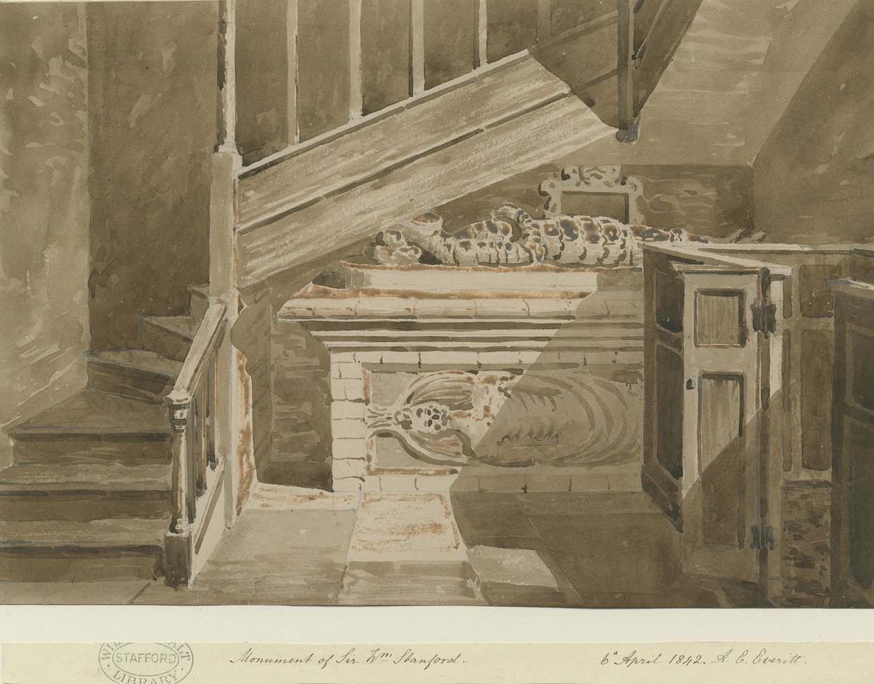 Handsworth - Monument of Sir William Stanford: Sepia Drawing by Allen Edward Everitt