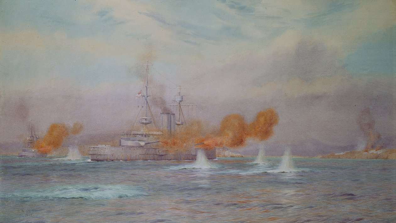 H.M.S. Albion commanded by Capt. A. Walker-Heneage completing the destruction of the outer forts of the Dardanelles in 1915, 1925 by Alma Claude Burlton Cull