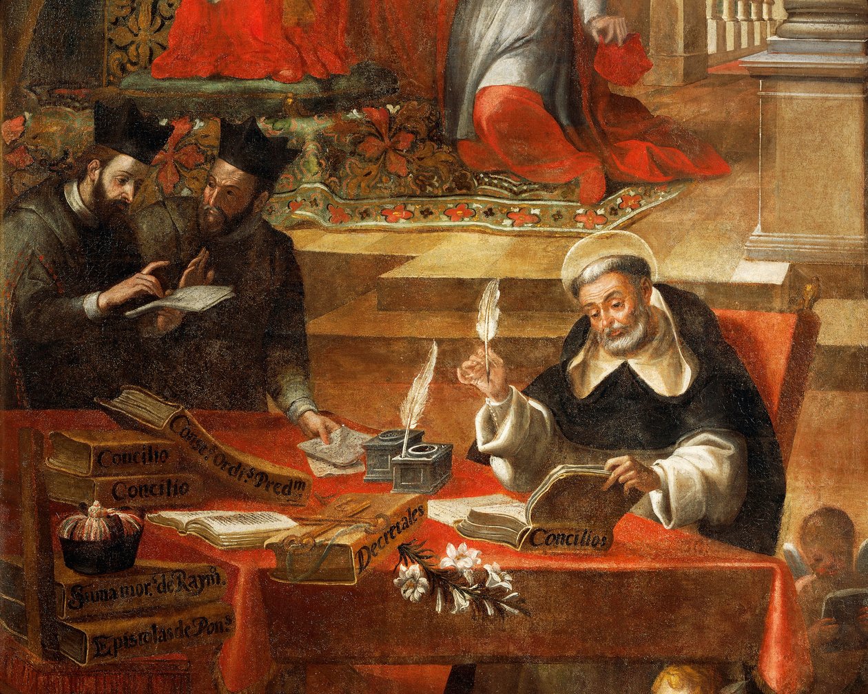 Two Jesuits talking while St Raymond writes the Council (detail), St Raymond of Penafort, advisor to Pope Gregory IX, by Alonso Antonio Villamor. From the Convent of St Esteban, Salamanca, Spain. by Alonso Antonio Villamor