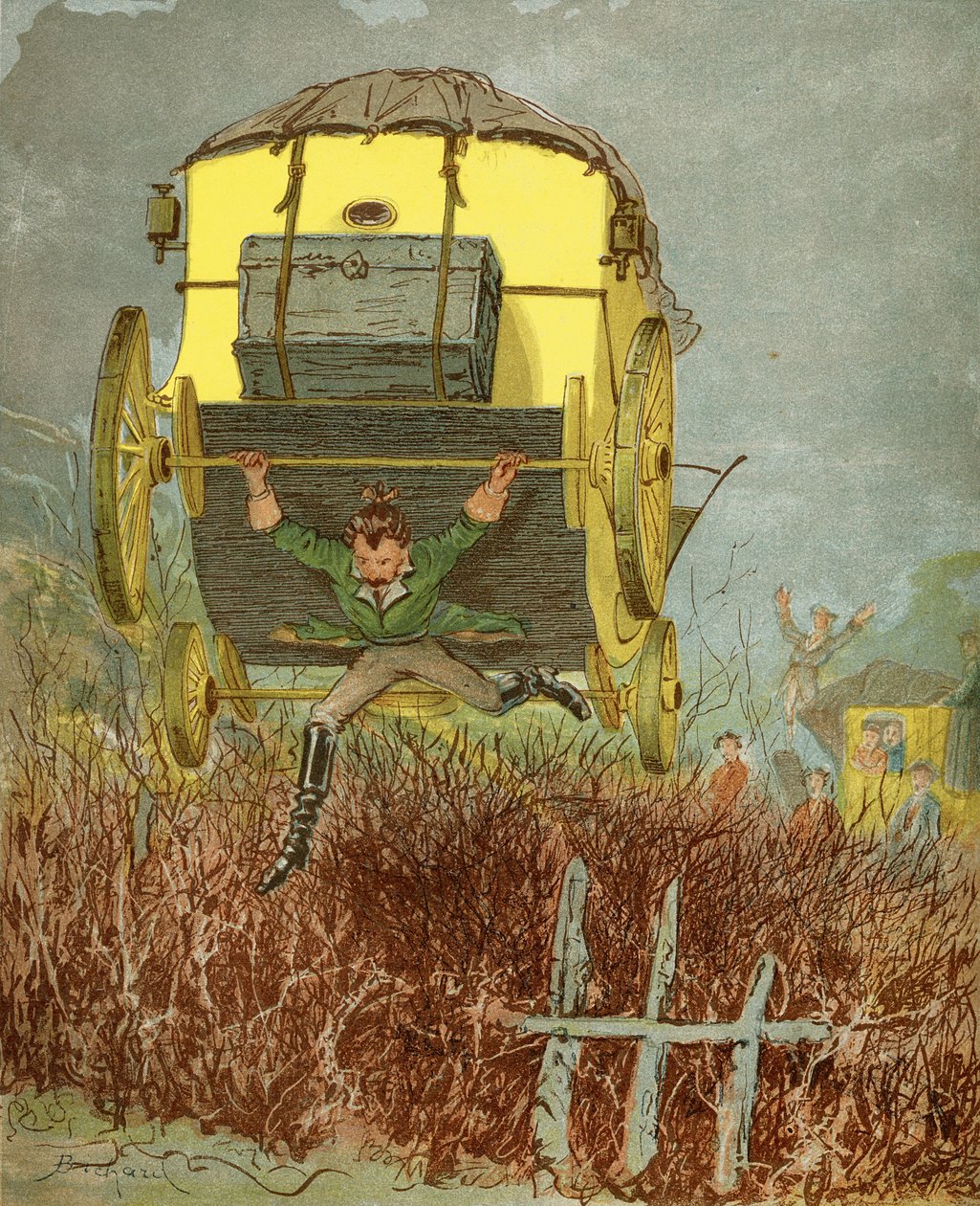 Baron Munchausen carries his carriage in a narrow road, from 