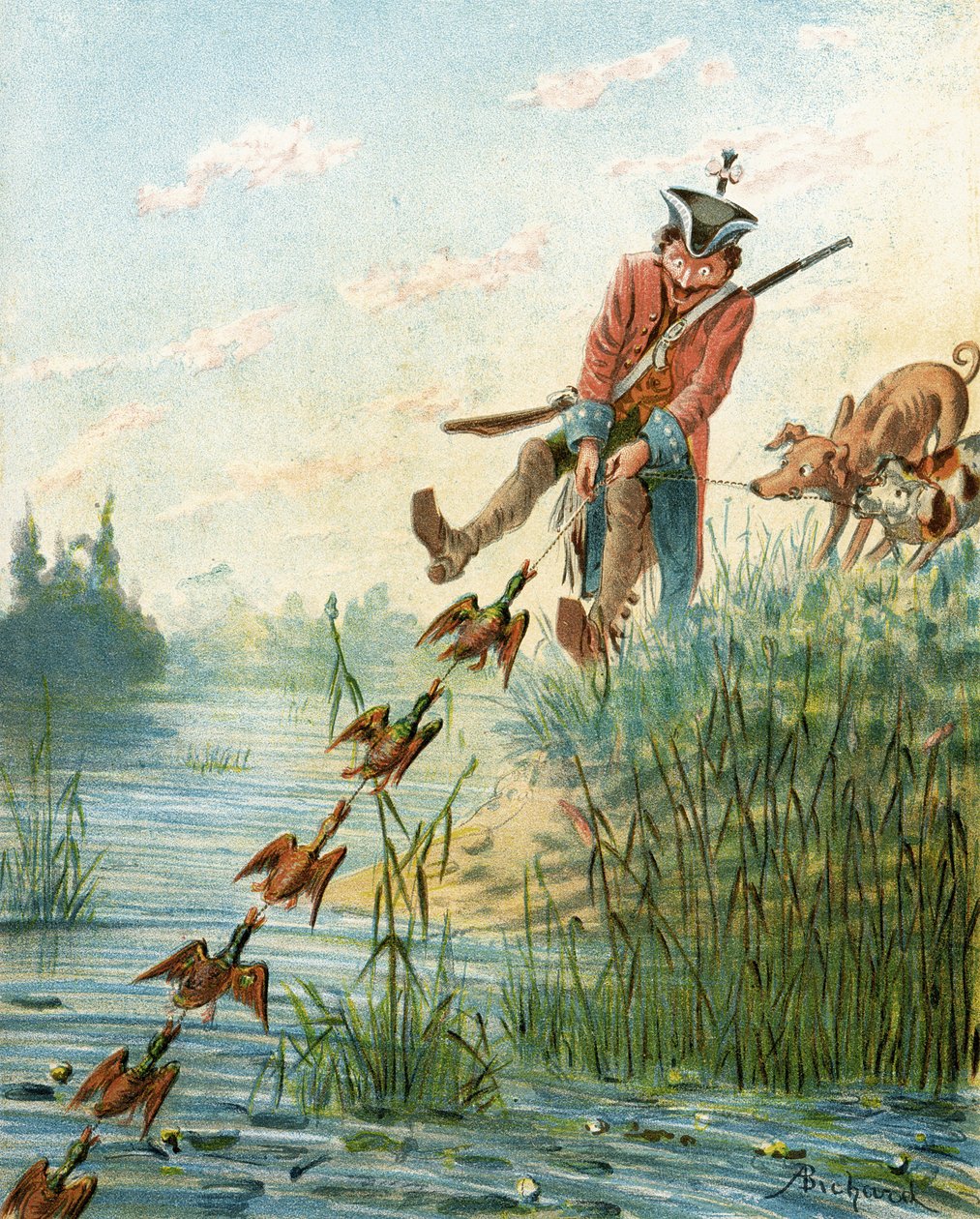 Baron Munchausen catching ducks with bacon fat, from 
