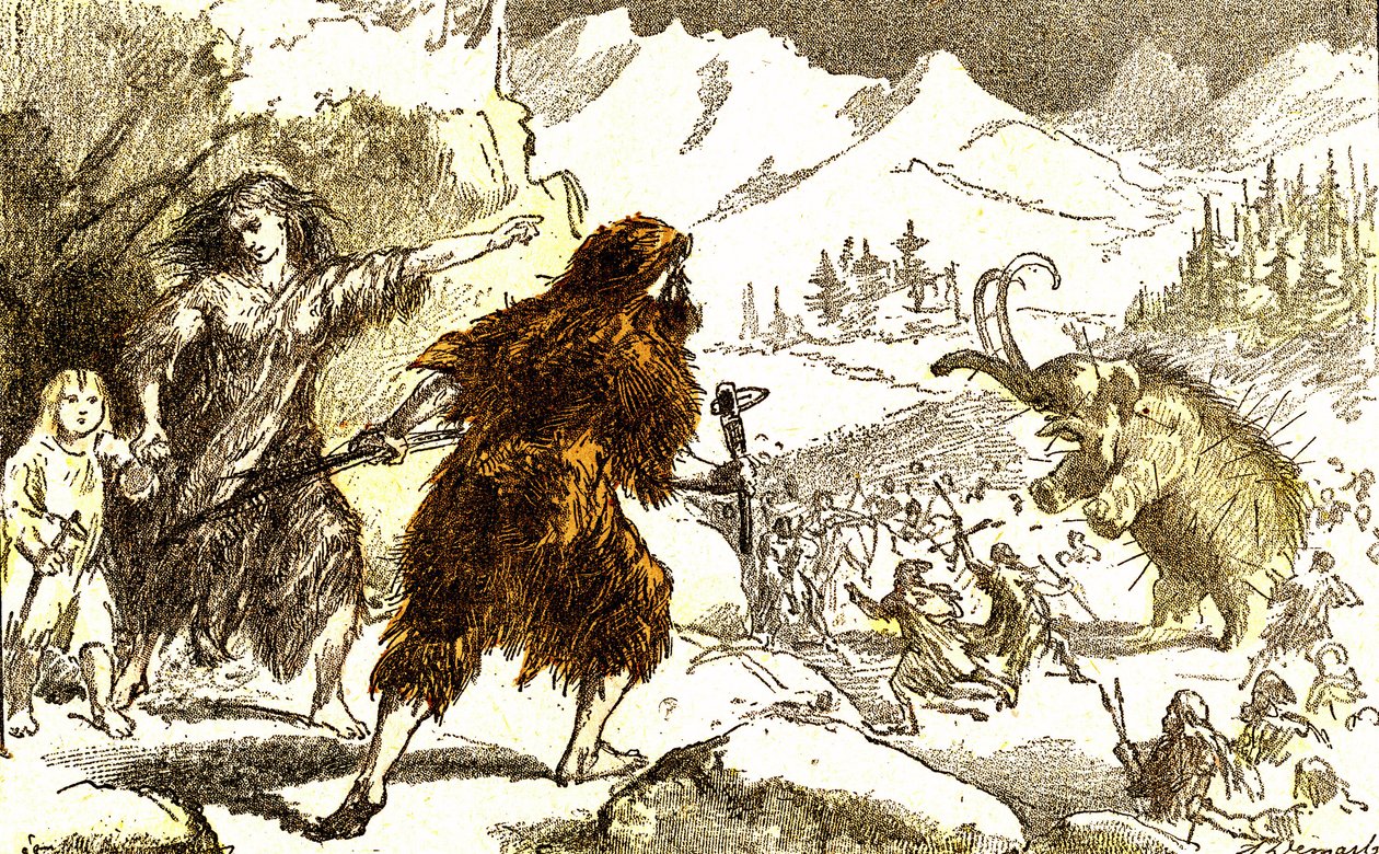 Prehistory-mammoth hunting. Ice Period: Natural Creation and Living Beings. Drawing by A. Demarle. 1885 by Alphonse Demarle