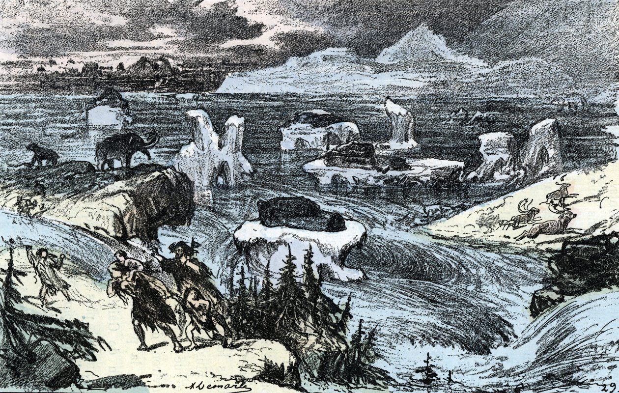 Prehistory; flooding in Central Europe at the end of the Ice Age Engraving from 