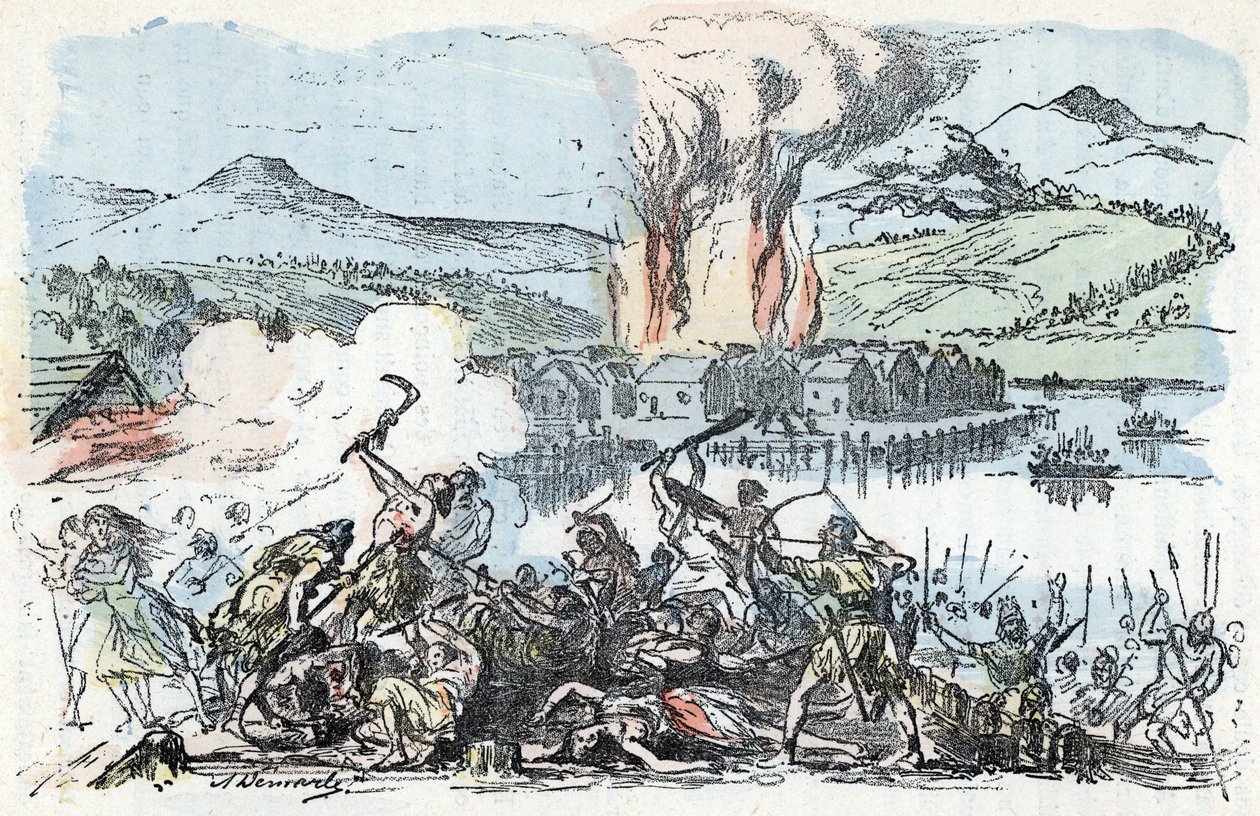Prehistory: scene of war at the beginning of the iron age, fire of the stilt-house settlements Engraving from 