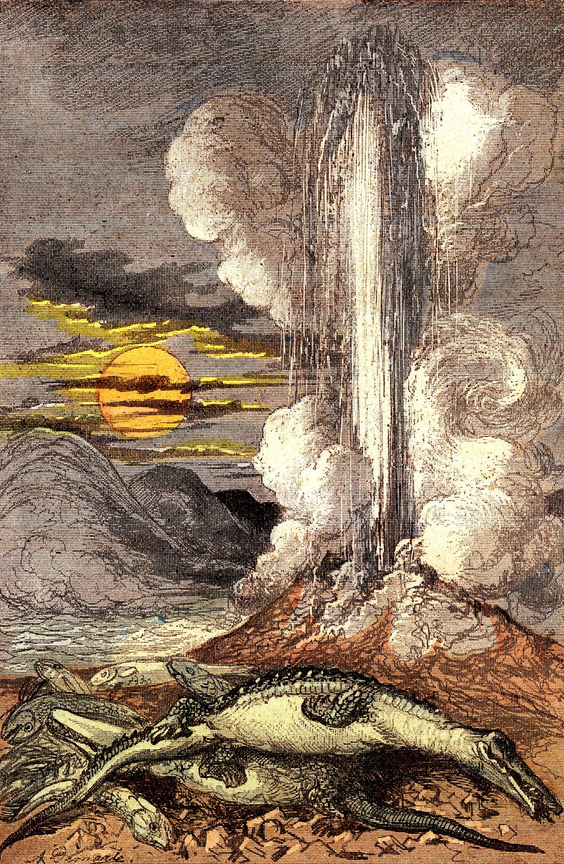 Venomous eruptions of thermal waters in the Triassic period. Creation and Living Beings. Drawing by A. Demarle. 1885 by Alphonse Demarle