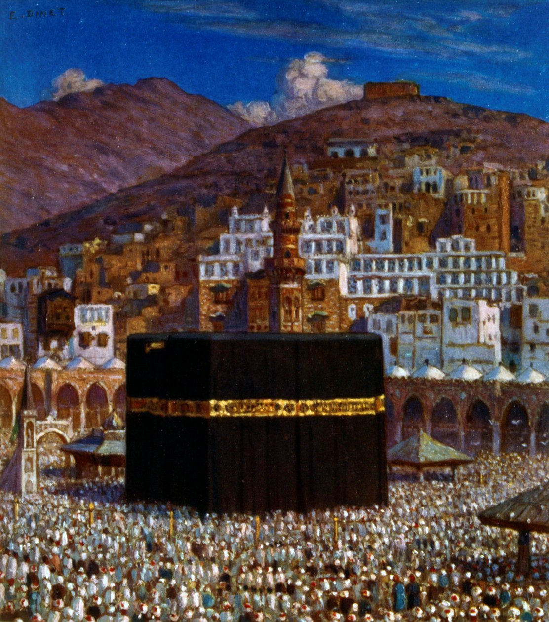 Illustration depicting Moslem pilgrims at the Kabbah in Mecca by Alphonse Etienne Dinet