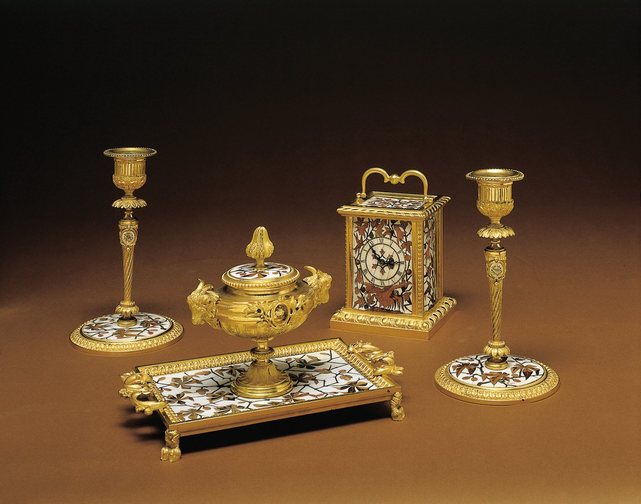 Napoleon III four-piece desk set, marquetry by Duvinage and Harinckouk by Alphonse Gustave Giroux