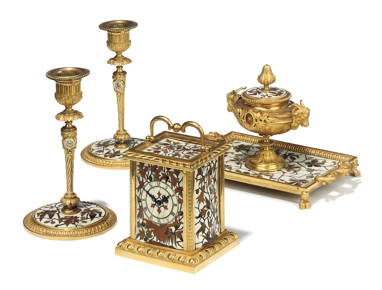 Napoleon III four-piece desk set, marquetry by Duvinage and Harinckouk by Alphonse Gustave Giroux