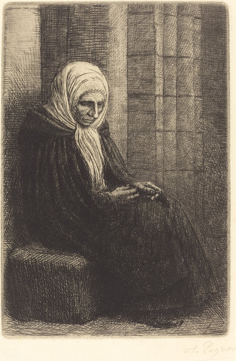 Woman Seated against a Wall, Child with His Head in Her Lap by Alphonse Legros