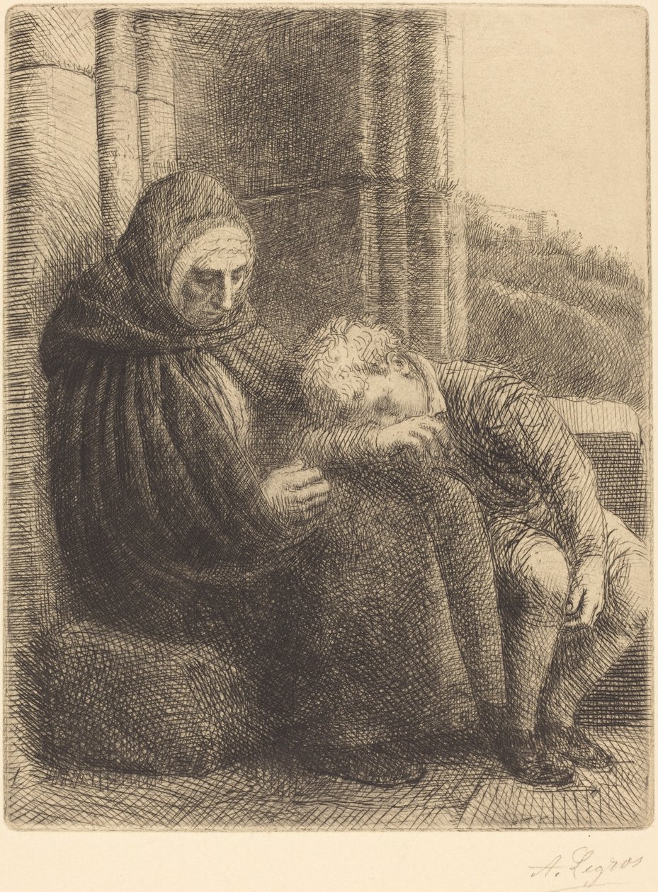 Woman Seated against a Wall, Child with His Head in Her Lap by Alphonse Legros