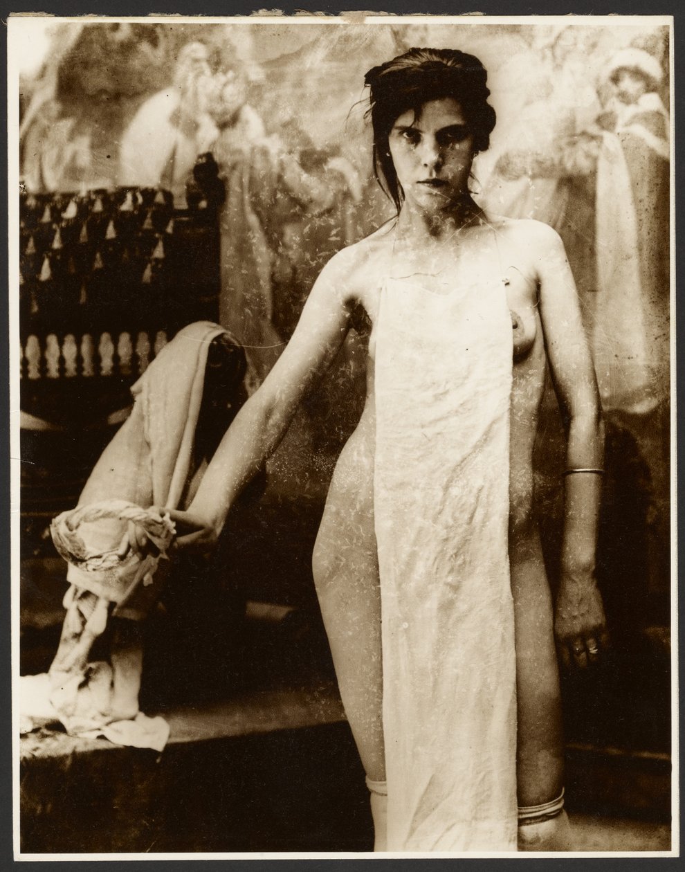 Nude Female Model Draped with Fabric by Alphonse Maria Mucha