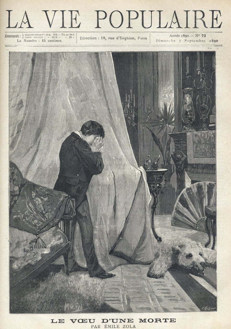 A man weeps, hiding his tears and his face in a handkerchief, standing behind the canopy of a bed, in a richly decorated bedroom, with bear skin, embroidered cushions, fan and various vases and candlesticks. Illustration by Alfons Maria Mucha by Alphonse Mucha