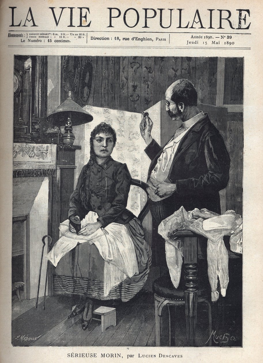 A Sick Young Woman Holding a Piggy Bank in Her Hand Facing a Doctor by Alphonse Mucha