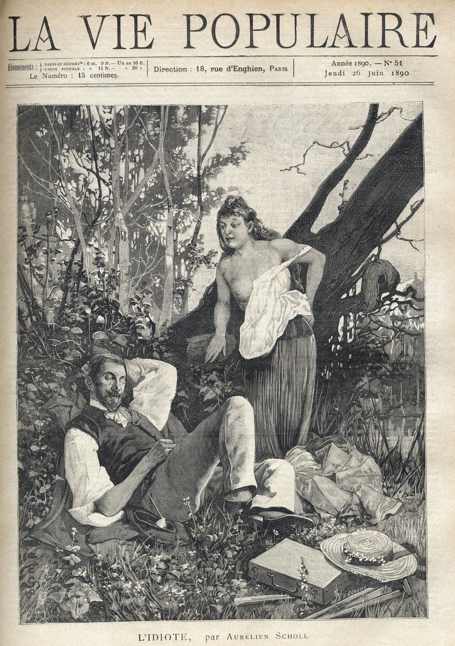 A young woman, disheveled, partially nude, with an exposed chest, leans with confidence and fun towards a painter lying, sleeping in the middle of nature, jacket, hat, material, and pipe scattered on the floor. Illustration by Alfons Maria Mucha by Alphonse Mucha