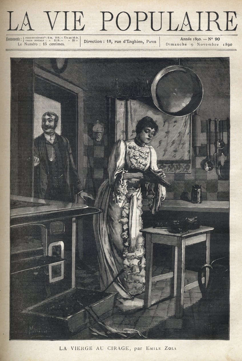 An elegant woman waxes a shoe in the kitchen of a house. A man opens the door behind her. Illustration by Alfons Maria Mucha by Alphonse Mucha