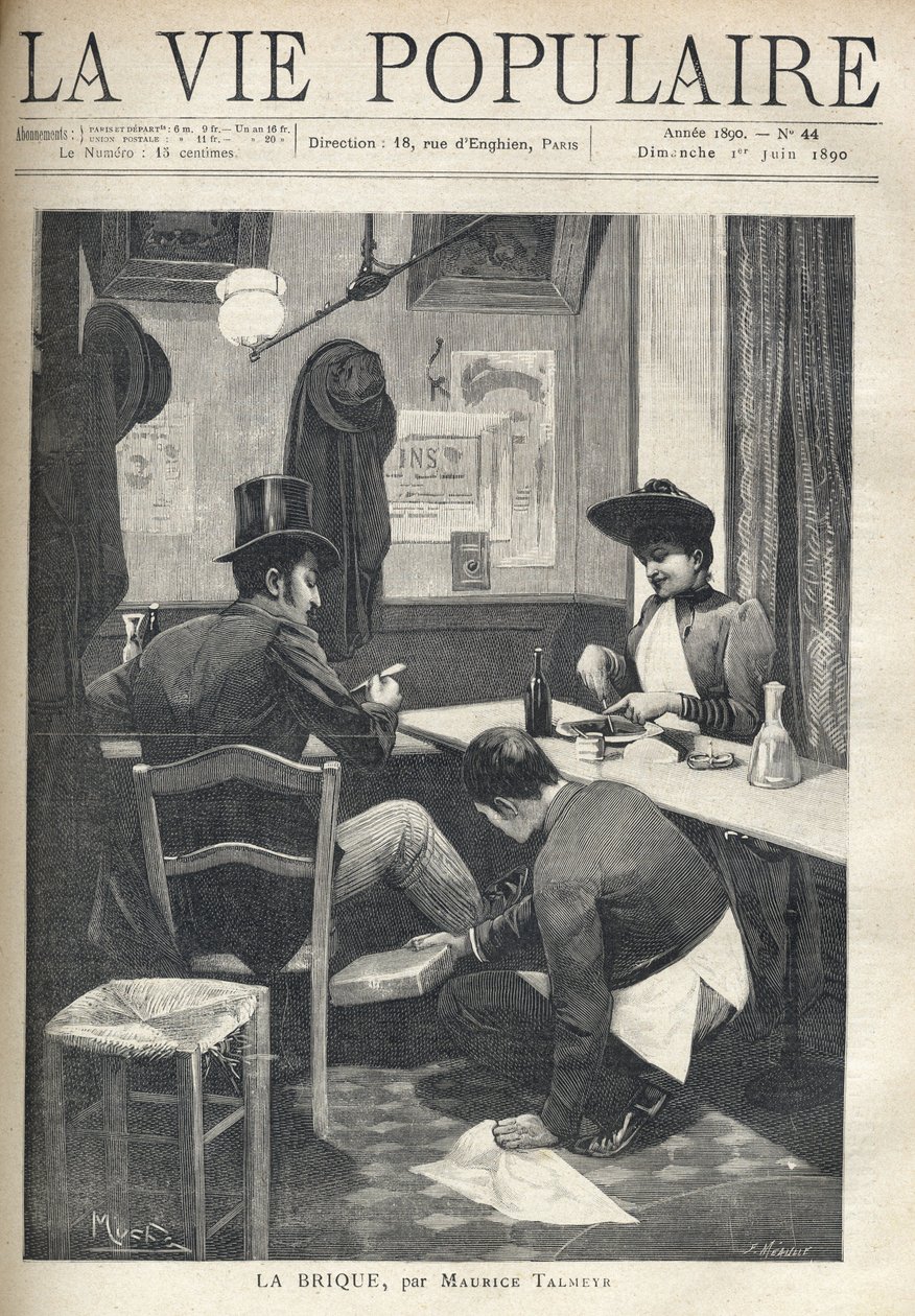 In a restaurant, a man and a woman are separate and have dinner. The service boy is crouching near the man, installing a hot brick under his feet. Illustration by Alfons Maria Mucha (Alphonse Marie Mucha) by Alphonse Mucha